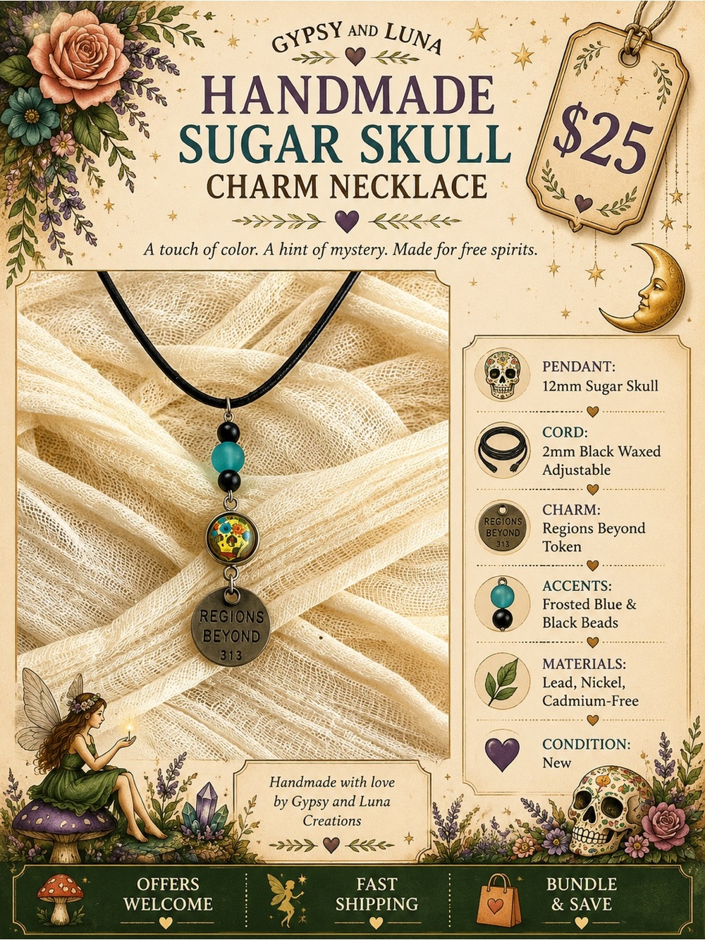 Handmade Boho Sugar Skull Charm Necklace